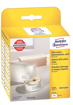 Avery adreslabel op rol 54 x 25 mm, 500 stuks.